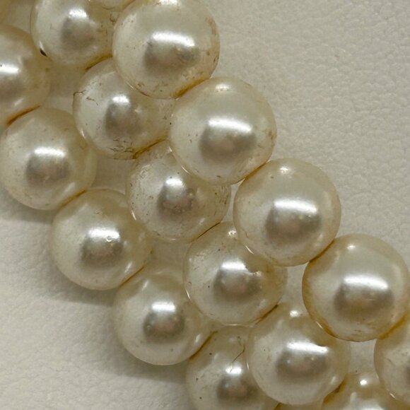 Vintage Faux Pearl & Rose Quartz Triple-Strand Necklace With Rhinestone Accents - Picture 11 of 16